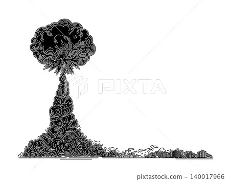 Nuclear explosion is approaching the city. Black outline graphic silhouette isolated on white background. Stock vector illustration. Concept of technological disaster in vintage hand drawn style 140017966