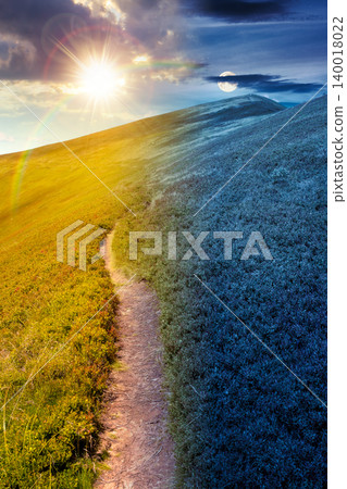 day meet night. summer landscape. mountain path through the grassy slope uphill to the sky. epic view. sun and moon over hiking trail path through borzhava ridge. ukraine mountains harmony concept day meet night. summer landscape. mountain path through the grassy slope uphill to the sky. epic view. sun and moon over hiking trail path through borzhava ridge. ukraine mountains harmony concept 140018022