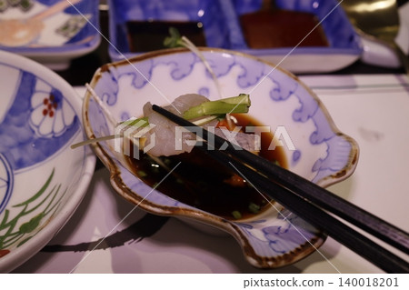 Japanese Sashimi with Soy Sauce and Green Onions Japanese Sashimi with Soy Sauce and Green Onions 140018201