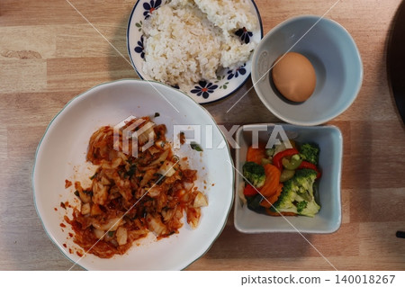 Simple Korean Meal with Rice, Kimchi, and Vegetables Simple Korean Meal with Rice, Kimchi, and Vegetables 140018267