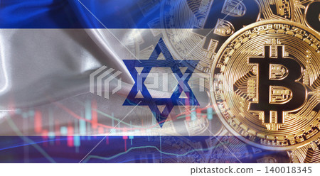 Israeli flag with Bitcoins in the background. Bitcoin cryptocurrency with Israel flag, Investors in Blockchain Technology Israeli flag with Bitcoins in the background. Bitcoin cryptocurrency with Israel flag, Investors in Blockchain Technology 140018345