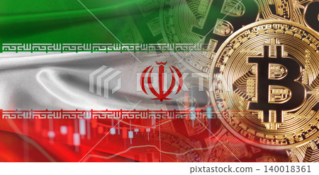 Iranian flag with Bitcoins in the background. Bitcoin cryptocurrency with Iran flag, Investors in Blockchain Technology Iranian flag with Bitcoins in the background. Bitcoin cryptocurrency with Iran flag, Investors in Blockchain Technology 140018361