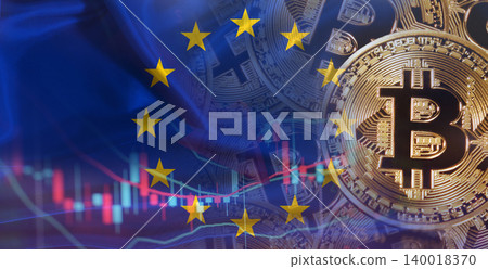 Bitcoin cryptocurrency with European union flag, Investors in Blockchain Technology. European union flag with Bitcoins in the background Bitcoin cryptocurrency with European union flag, Investors in Blockchain Technology. European union flag with Bitcoins in the background 140018370