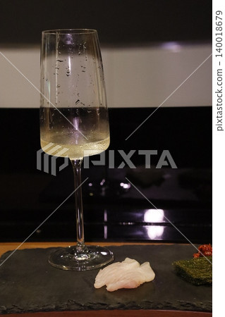 Wine Glass with Sparkling Beverage and Food Arrangement Wine Glass with Sparkling Beverage and Food Arrangement 140018679