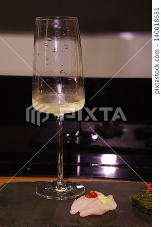 Wine Glass with Sashimi on Slate Wine Glass with Sashimi on Slate 140018681