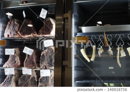 Meat Display in Refrigerated Showcase 140018738