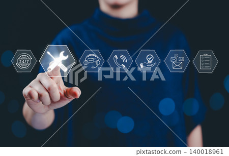 Technical support and customer service concept. A person interacting with digital interface has customer service and technical support icons, symbolizing assistance, troubleshooting, and communication Technical support and customer service concept. A person interacting with digital interface has customer service and technical support icons, symbolizing assistance, troubleshooting, and communication 140018961