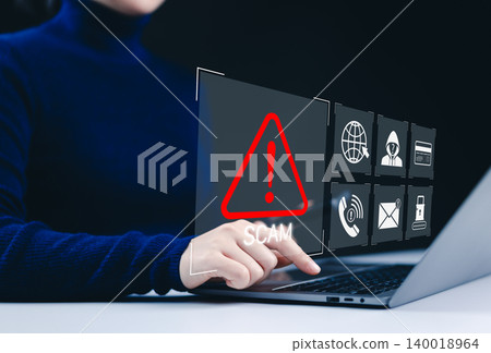 Scam alert warning, Cybersecurity concept. A woman using laptop, warning sign for scams with icons online threats, phishing, and cybersecurity. Unknown person, suspicious scammer, fraud detection, Scam alert warning, Cybersecurity concept. A woman using laptop, warning sign for scams with icons online threats, phishing, and cybersecurity. Unknown person, suspicious scammer, fraud detection, 140018964