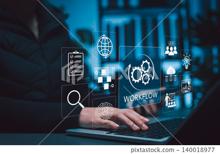 Workflow automation and business process management concept. process gears, AI, checklist, search, team, and analytics icons for business efficiency and digital operations, optimization, task control Workflow automation and business process management concept. process gears, AI, checklist, search, team, and analytics icons for business efficiency and digital operations, optimization, task control 140018977