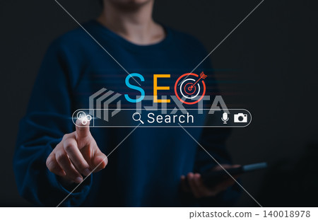 SEO Search engine optimization concept. Person touching digital search bar with AI icon, mobile device, and target symbol representing online marketing strategy, keyword research, analytics and growth SEO Search engine optimization concept. Person touching digital search bar with AI icon, mobile device, and target symbol representing online marketing strategy, keyword research, analytics and growth 140018978