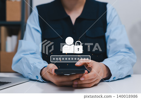 Cybersecurity and data privacy concept. Person using smartphone showing virtual user login icon, secure padlock, and password field for access verification, authentication, secure digital identity 140018986