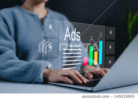 Digital Marketing and Online Advertising Concept. Analyzing digital ad performance metrics and campaign data. Digital marketing online, Content creation, Customer engagement, Video ADS Campaigns, AD, Digital Marketing and Online Advertising Concept. Analyzing digital ad performance metrics and campaign data. Digital marketing online, Content creation, Customer engagement, Video ADS Campaigns, AD, 140018993