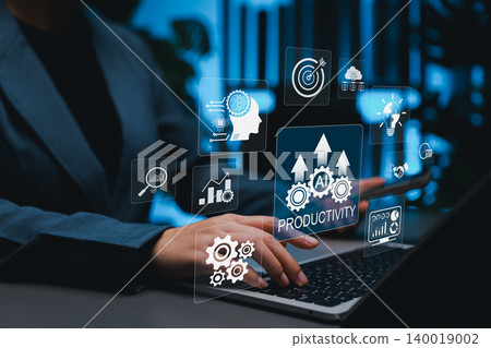 AI productivity automation and business workflow optimization concept. Professional using laptop with growth arrows, analytics, target, cloud, brain icons. intelligent task management, efficiency AI productivity automation and business workflow optimization concept. Professional using laptop with growth arrows, analytics, target, cloud, brain icons. intelligent task management, efficiency 140019002