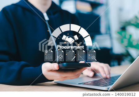 Procurement management and purchase approval concept. Person using smartphone and laptop with handshake, documents, checklist, contract review, supplier sourcing, purchasing workflow, business process Procurement management and purchase approval concept. Person using smartphone and laptop with handshake, documents, checklist, contract review, supplier sourcing, purchasing workflow, business process 140019012