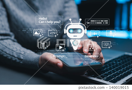 Generative artificial intelligence chatbot concept. Robot assistant and prompt AI with icons for image, code, text, video, audio, music, translation represent multimodal content generation capability 140019015