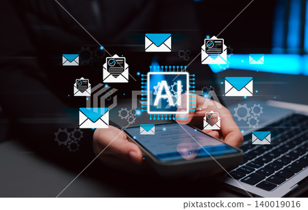 AI email assistant and smart inbox automation concept. person using smartphone with virtual mail icons, AI chip, gears, email writer, auto reply, summarization, proofreading, workflow management AI email assistant and smart inbox automation concept. person using smartphone with virtual mail icons, AI chip, gears, email writer, auto reply, summarization, proofreading, workflow management 140019016