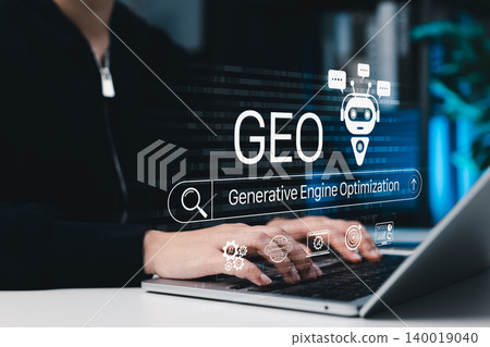GEO generative engine optimization and AI search engine digital marketing concept. User using laptop with chatbot, search bar, analytics icons, content optimization, automation, future SEO workflow, 140019040