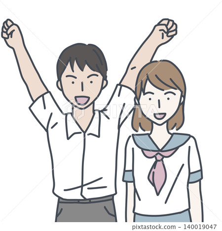 一幅插圖,描繪了身穿夏季校服的男女學生面帶微笑,擺出勝利姿勢。 一幅插圖,描繪了身穿夏季校服的男女學生面帶微笑,擺出勝利姿勢。 140019047