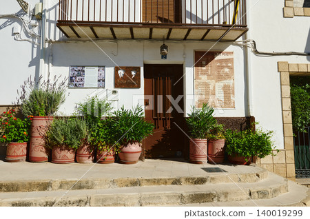 Spanish village doorway with potted plants and terracotta pots on sunny steps Spanish village doorway with potted plants and terracotta pots on sunny steps 140019299