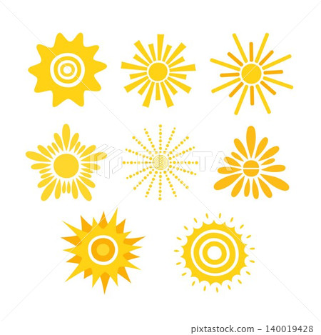 Yellow suns set simple hand drawn vector illustration, stars with round shape middle and beams, cute summer image for making cards, decor, vacation concept, holiday and summertime design for children Yellow suns set simple hand drawn vector illustration, stars with round shape middle and beams, cute summer image for making cards, decor, vacation concept, holiday and summertime design for children 140019428