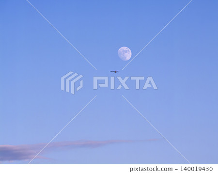 Small Single-Engine Airplane Flying Toward Full Moon Over Clear Blue Evening Sky at Dusk Small Single-Engine Airplane Flying Toward Full Moon Over Clear Blue Evening Sky at Dusk 140019430