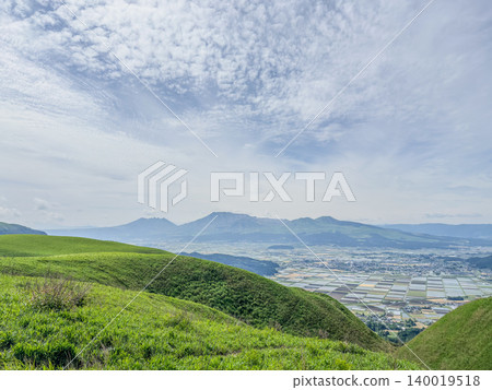 A spectacular view overlooking the Aso Five Peaks and vast rural landscape. A spectacular view overlooking the Aso Five Peaks and vast rural landscape. 140019518