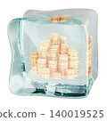 Coins frozen in ice cube. Frozen assets blocked funds and financial crisis concept, 3d rendering 140019525