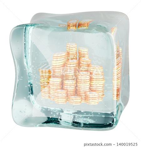 Coins frozen in ice cube. Frozen assets blocked funds and financial crisis concept, 3d rendering Coins frozen in ice cube. Frozen assets blocked funds and financial crisis concept, 3d rendering 140019525