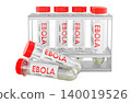 Ebola test tubes in laboratory rack. 3D rendering 140019526