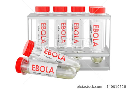 Ebola test tubes in laboratory rack. 3D rendering Ebola test tubes in laboratory rack. 3D rendering 140019526