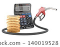 Fuel cost calculation concept with gas nozzle calculator and coins. 3D rendering 140019528