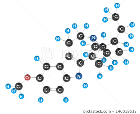 Ibogaine molecule model with labeled atoms. 3D rendering Ibogaine molecule model with labeled atoms. 3D rendering 140019532