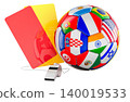 International soccer ball with referee cards and whistle. 3D rendering 140019533