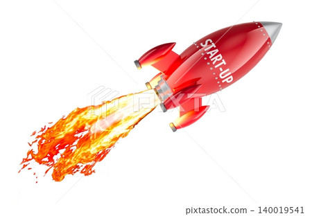 Start-up rocket launch with fire trail. 3D rendering Start-up rocket launch with fire trail. 3D rendering 140019541