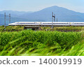 The Tokaido Shinkansen N700S speeds through the countryside with Mount Oyama in the background. 140019919