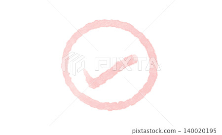 Circle and checkmark icon illustration, hand-drawn watercolor material in pink. 140020195