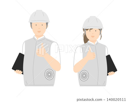 A set of simple vector illustrations depicting working men and women wearing helmets and fan-equipped vests. A set of simple vector illustrations depicting working men and women wearing helmets and fan-equipped vests. 140020511