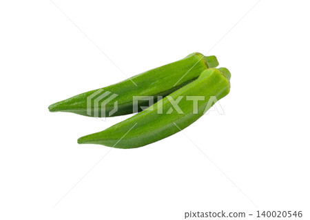 A simple cutout food image featuring two okra pods positioned diagonally against a transparent background. A simple cutout food image featuring two okra pods positioned diagonally against a transparent background. 140020546