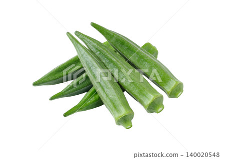 一張鏤空食物圖片,圖中六個秋葵莢以三維立體方式排列在透明背景上。 一張鏤空食物圖片,圖中六個秋葵莢以三維立體方式排列在透明背景上。 140020548