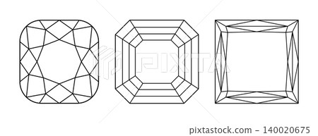 Asscher, Princess, Cushion angular diamond cut shapes. Gemstone outline icons for jewellery design, branding, packaging, logo. Asscher, Princess, Cushion angular brilliant cut pattern. Design diagram. Asscher, Princess, Cushion angular diamond cut shapes. Gemstone outline icons for jewellery design, branding, packaging, logo. Asscher, Princess, Cushion angular brilliant cut pattern. Design diagram. 140020675