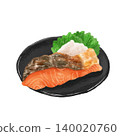 A watercolor illustration of salmon served on a plate. 140020760