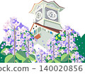 初夏時節，一座鐘樓上開滿了丁香花，向量插圖。 140020856