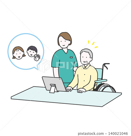 一幅老年人透過視訊與家人互動的插圖。 一幅老年人透過視訊與家人互動的插圖。 140021046