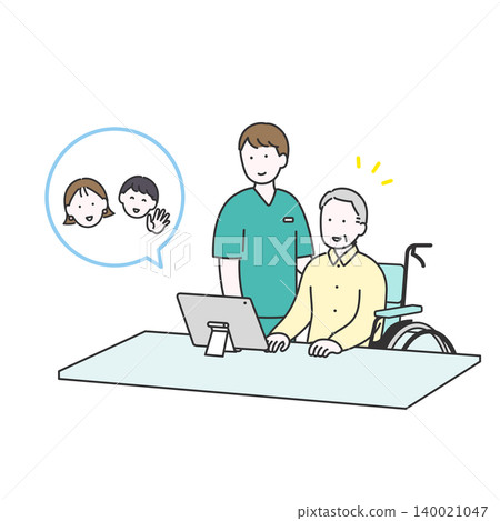 An illustrative image of online visits in elderly care facilities. An illustrative image of online visits in elderly care facilities. 140021047