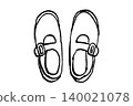 A monochrome line drawing illustration of hand-drawn women's strap shoes, featuring a retro and simple shoe fashion. 140021078