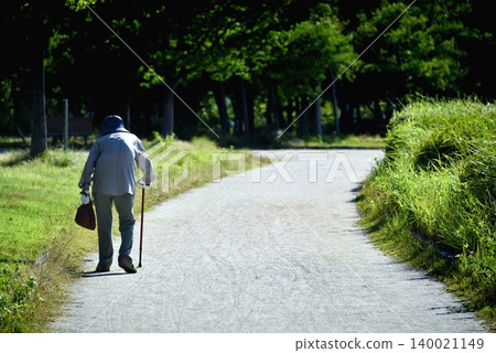 A senior woman walking along a park promenade. A senior woman walking along a park promenade. 140021149