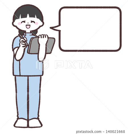 A smiling female medical staff member giving an explanation, with a laughing sound effect. 140021668