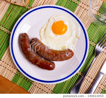 Breakfast with sunny side up eggs and grilled butifarra sausages Breakfast with sunny side up eggs and grilled butifarra sausages 140022050