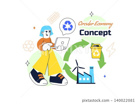 Circular Economy Vector Illustration Featuring Recycling Process, Renewable Energy, Green Industry, Sustainable Business and Eco Lifestyle Design Circular Economy Vector Illustration Featuring Recycling Process, Renewable Energy, Green Industry, Sustainable Business and Eco Lifestyle Design 140022081