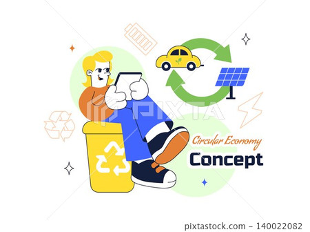 Circular Economy Vector Illustration Featuring Recycling Process, Renewable Energy, Green Industry, Sustainable Business and Eco Lifestyle Design Circular Economy Vector Illustration Featuring Recycling Process, Renewable Energy, Green Industry, Sustainable Business and Eco Lifestyle Design 140022082
